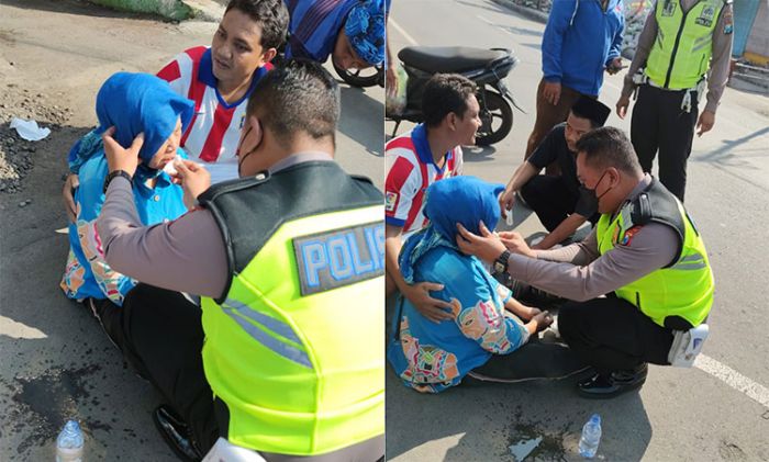 Gerak Cepat, Polisi Mojokerto Berikan Pertolongan Medis Korban Kecelakaan Tunggal 