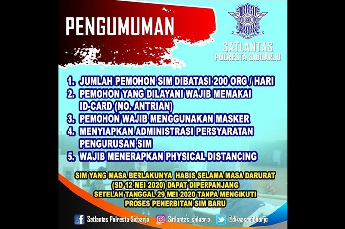 Pelayanan SIM Kembali Dibuka, Satlantas Polresta Sidoarjo Batasi Kuota 200 Orang per Hari Pelayanan SIM Kembali Dibuka, Satlantas Polresta Sidoarjo Batasi Kuota 200 Orang per Hari