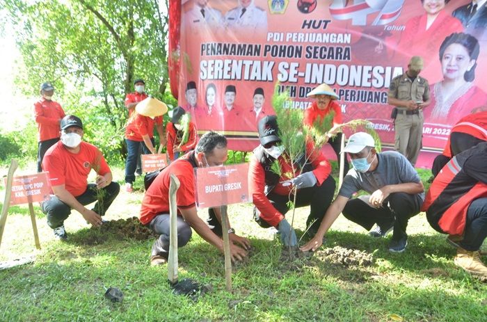 Dihadiri Bupati Fandi Akhmad Yani, PDIP Gresik Tanam 1.500 Pohon di Waduk Bunder