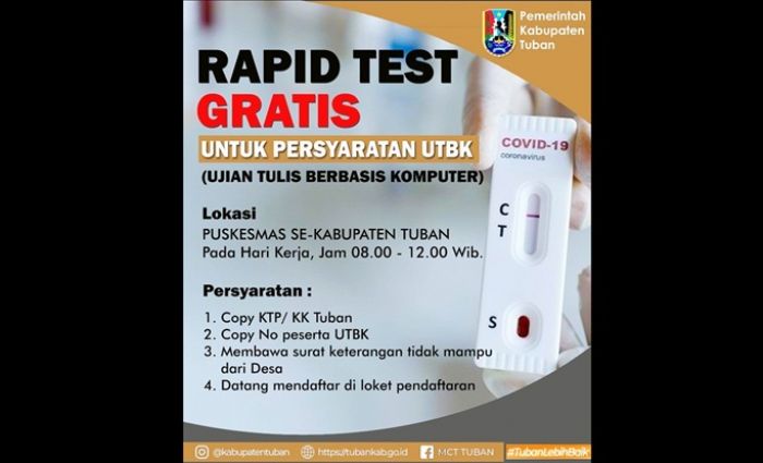 Pemkab Tuban Benarkan Info Rapid Test Gratis untuk UTBK, Begini Syaratnya
