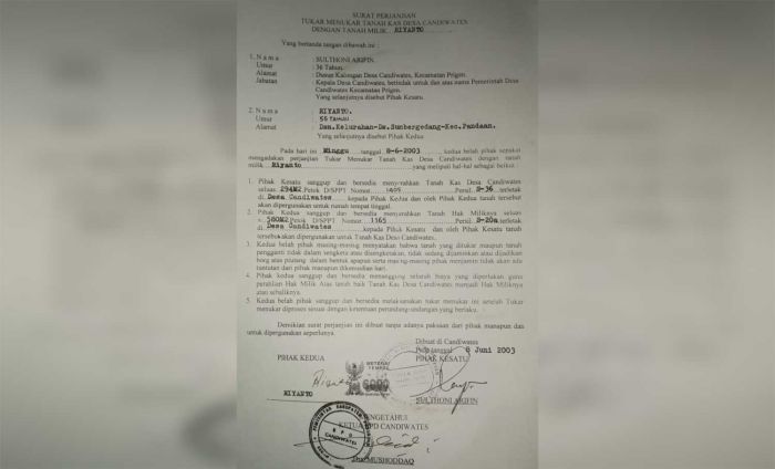 Beredar Surat Tukar Menukar TKD Candiwates, Mantan Kades Akui Cacat Hukum