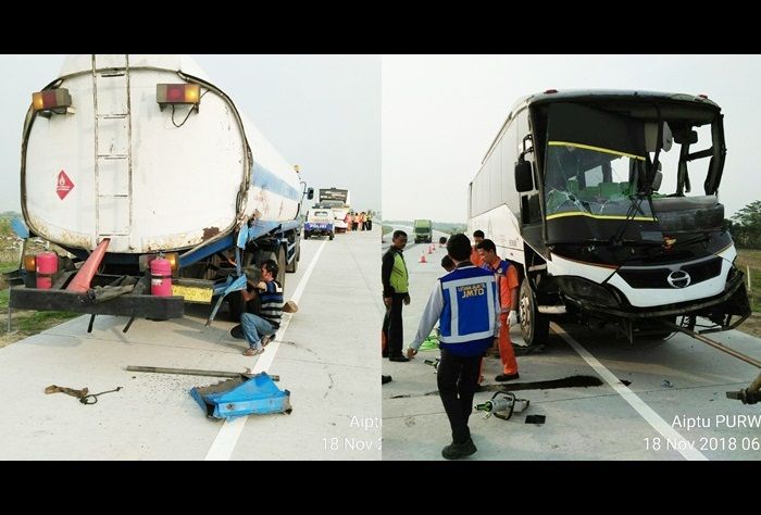 Diduga Sopir Ngantuk, Bus Mila Sejahtera Hantam Truk Tangki di Tol Ngawi