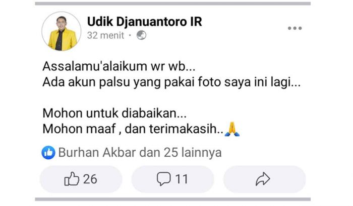 Waspada! Akun Resmi Mantan Wakil Ketua DPRD Pasuruan Dikloning Waspada! Akun Resmi Mantan Wakil Ketua DPRD Pasuruan Dikloning
