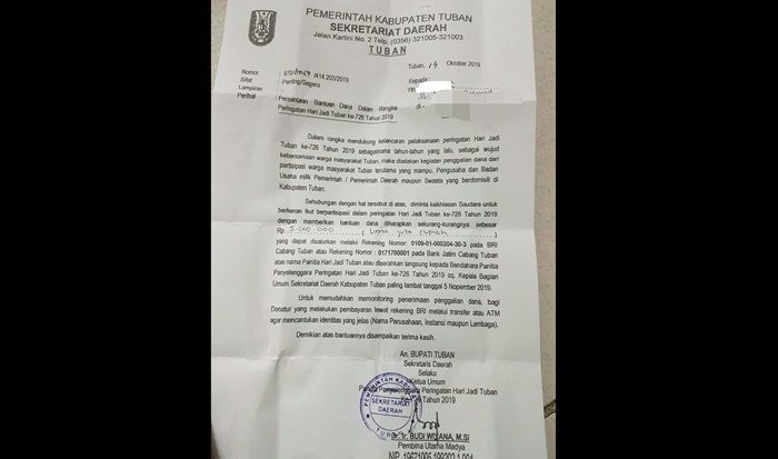 Peringati Hari Jadi, Pemkab Tuban Galang Sumbangan Dana Hingga ke Minimarket, Minimal Rp 5 Juta