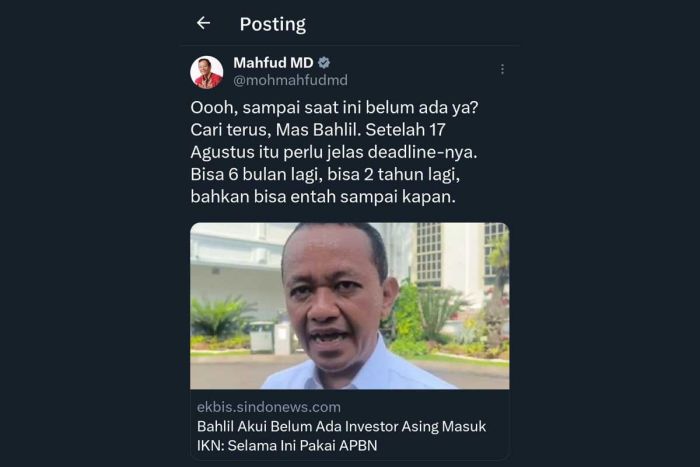 Sindir IKN yang Belum Punya Investor Asing, Mahfud MD: Cari Terus, Mas Bahlil Sindir IKN yang Belum Punya Investor Asing, Mahfud MD: Cari Terus, Mas Bahlil