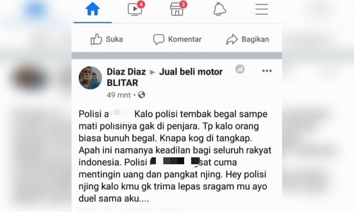 Viral Sebuah Akun Facebook Posting Ujaran Kebencian Kepada Polisi, Polres Blitar Periksa Pemilik