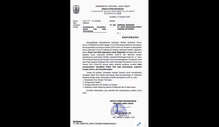 Beredar SE Dishub Jatim Soal Penumpang Penyeberangan Jawa-Bali Bebas Rapid Test Beredar SE Dishub Jatim Soal Penumpang Penyeberangan Jawa-Bali Bebas Rapid Test