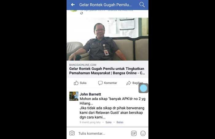Relawan Gusti Pacitan Ancam Bersikap Tegas atas Hilangnya APK Paslon Nomor 2 Relawan Gusti Pacitan Ancam Bersikap Tegas atas Hilangnya APK Paslon Nomor 2