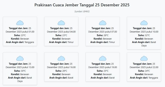 Prakiraan Cuaca Jember Hari ini Kamis, 25 Desember 2025: Suhu 23-32°C, Kecepatan Angin 27.8 m/s.
