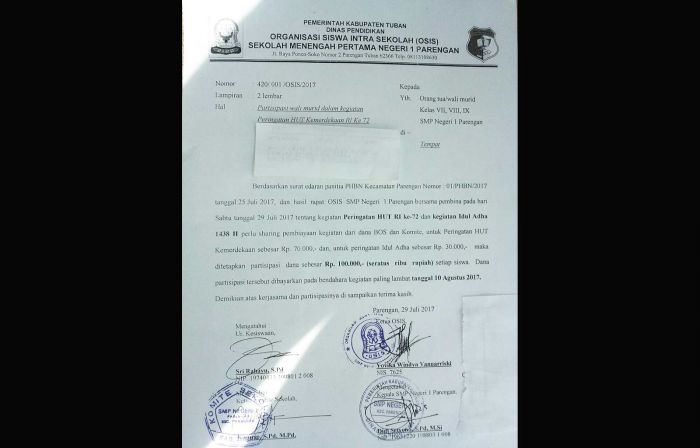 Merasa Tak Diajak Rapat, Wali Murid SMPN 1 Parengan Pertanyakan Iuran untuk Agustusan dan Idul Adha Merasa Tak Diajak Rapat, Wali Murid SMPN 1 Parengan Pertanyakan Iuran untuk Agustusan dan Idul Adha