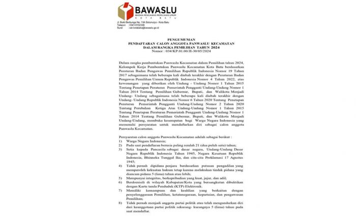 Bawaslu Kota Batu Buka Pendaftaran Panwascam, Ini Syaratnya Bawaslu Kota Batu Buka Pendaftaran Panwascam, Ini Syaratnya
