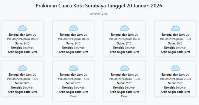 Prakiraan Cuaca Kota Surabaya Hari ini Selasa, 20 Januari 2026: Suhu 24-30°C, Kecepatan Angin 46.3 m