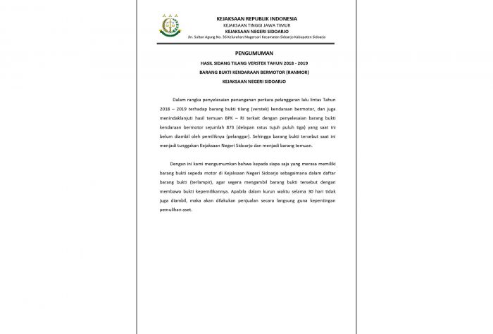 Kejari Sidoarjo Umumkan Hasil Sidang Tilang Verstek Tahun 2018-2019 Barang Bukti Ranmor Kejari Sidoarjo Umumkan Hasil Sidang Tilang Verstek Tahun 2018-2019 Barang Bukti Ranmor