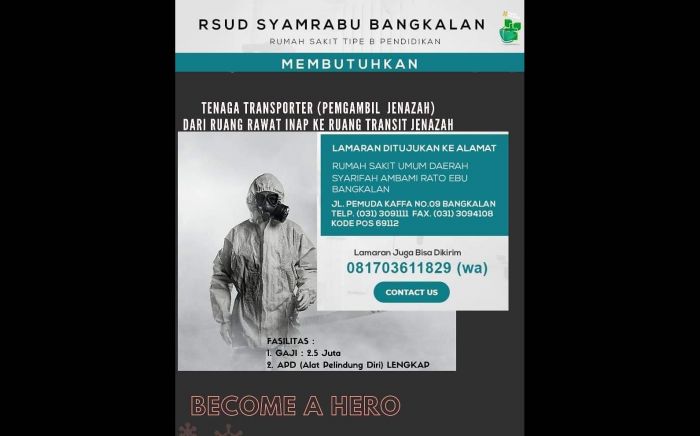 Gaji Rp 2,5 Juta, RSUD Syamrabu Bangkalan Buka Lowongan Tenaga Pengambil Jenazah, Minat? Gaji Rp 2,5 Juta, RSUD Syamrabu Bangkalan Buka Lowongan Tenaga Pengambil Jenazah, Minat?
