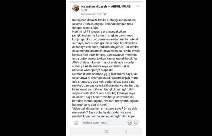 Istri Ketua DPRD Kota Probolinggo Curhat di FB, Ungkap Suaminya Tidur dengan Wanita Lain di Hotel 