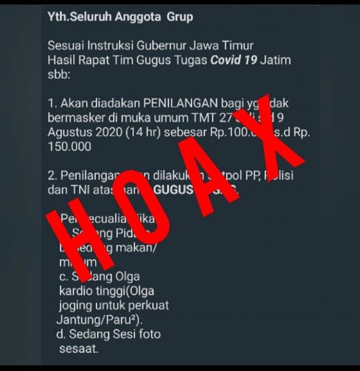 Beredar Instruksi Palsu Gubernur Khofifah, Tak Pakai Masker Ditilang Rp 150 Ribu Beredar Instruksi Palsu Gubernur Khofifah, Tak Pakai Masker Ditilang Rp 150 Ribu