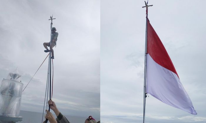 KRI Layang Berhasil Kibarkan Kembali Merah Putih di Suar Karang Unarang KRI Layang Berhasil Kibarkan Kembali Merah Putih di Suar Karang Unarang