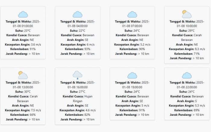 Prakiraan Cuaca Pasuruan Hari ini Rabu, 8 Januari 2025: Suhu 22-30 °C, Kecepatan Angin 5.69 m/s