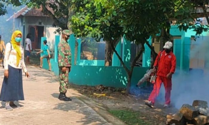 Cegah DBD di Ngawi, Koramil Ngrambe Bersama Petugas Kesehatan Lakukan Fogging