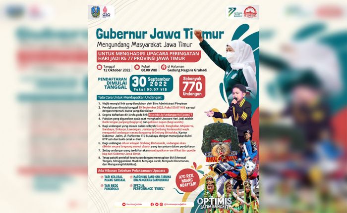 Khofifah Ajak Masyarakat Ikuti Upacara Hari Jadi ke-77 Provinsi Jatim, ini Link Pendaftarannya Khofifah Ajak Masyarakat Ikuti Upacara Hari Jadi ke-77 Provinsi Jatim, ini Link Pendaftarannya