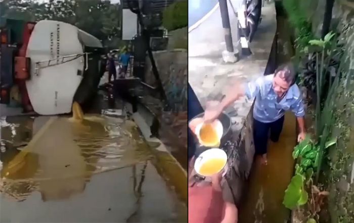 Truk Tangki Terguling di Ciamis, 14 Liter Tumpah Ruah di Jalanan Hingga Selokan Truk Tangki Terguling di Ciamis, 14 Liter Tumpah Ruah di Jalanan Hingga Selokan