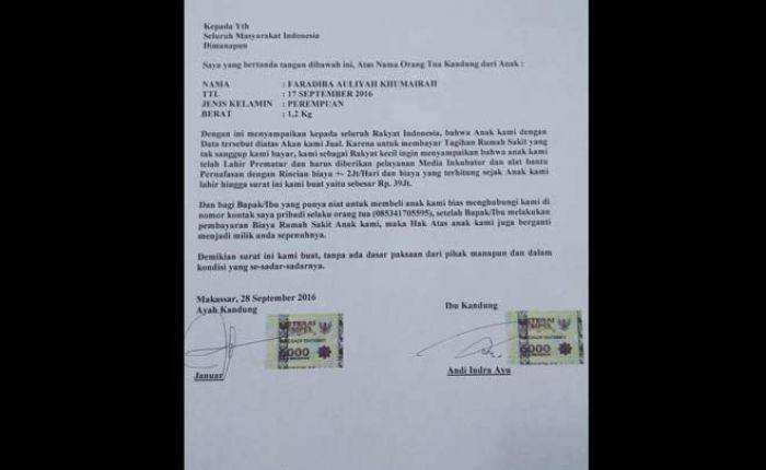 Tak Mampu Bayar Rumah Sakit, Bapak di Makasar Nekat Jual Bayi Lewat Medsos Tak Mampu Bayar Rumah Sakit, Bapak di Makasar Nekat Jual Bayi Lewat Medsos
