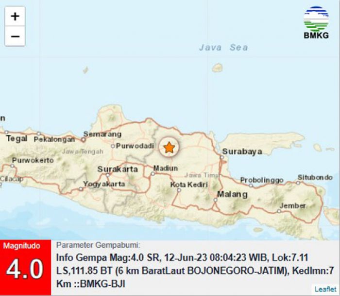 Gempa Tektonik 4.0 Magnitudo Guncang Bojonegoro