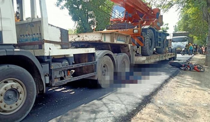 Antar Alat Berat ke Polowijo, Trailer Lindas Pengendara Motor di Bungah Gresik