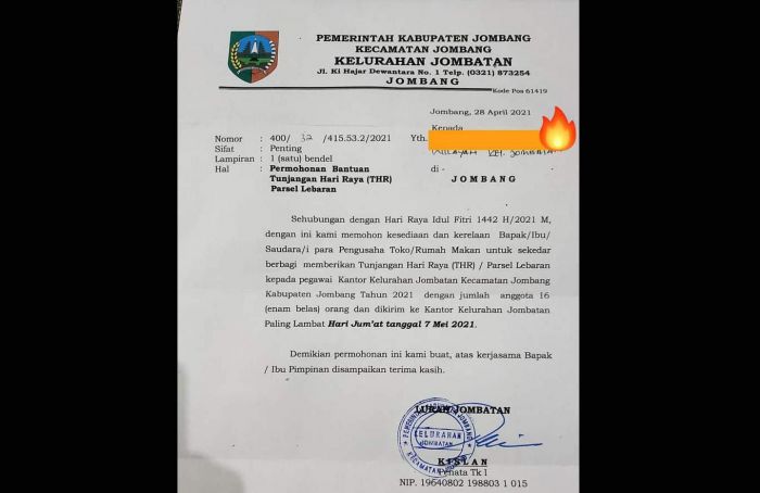 Heboh, Surat Kelurahan Jombatan Jombang Minta THR ke Pengusaha Heboh, Surat Kelurahan Jombatan Jombang Minta THR ke Pengusaha