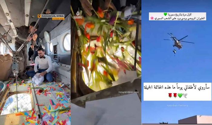 Viral! Bunga Kertas dan Kertas Warna-Warni Diterbangkan Helikopter di Damaskus Viral! Bunga Kertas dan Kertas Warna-Warni Diterbangkan Helikopter di Damaskus