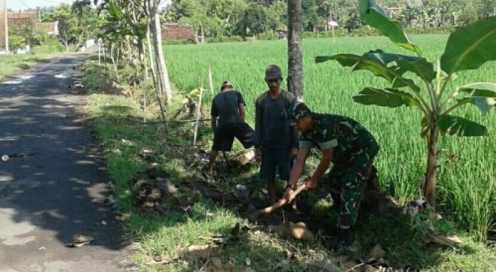 Babinsa Sidorejo Sertu Sulihno Semangat Gali Tanah Bantu Warga Buat Saluran Air