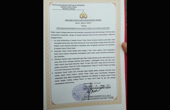 Ini 4 Maklumat Kapolres Gresik Soal Isu Penculikan Anak Ini 4 Maklumat Kapolres Gresik Soal Isu Penculikan Anak