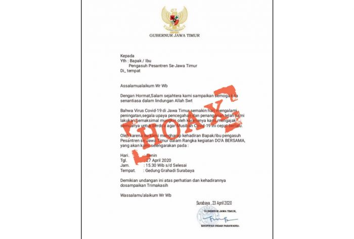Beredar Surat Palsu Atasnamakan Gubernur Khofifah Undang Pengasuh Pesantren Beredar Surat Palsu Atasnamakan Gubernur Khofifah Undang Pengasuh Pesantren