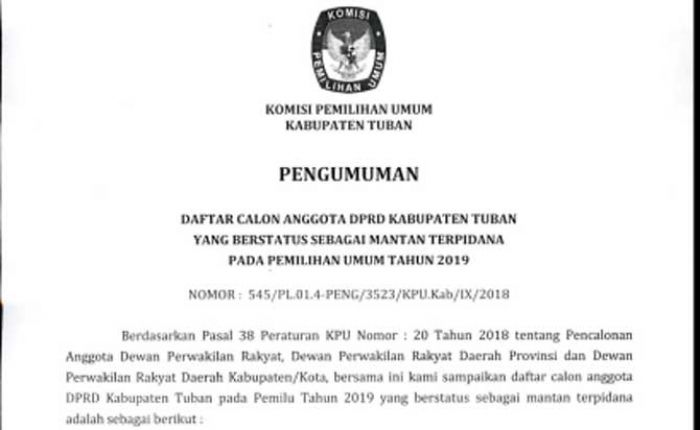 KPU Tuban Umumkan 6 Caleg DPRD Berstatus Mantan Terpidana, Siapa Saja? KPU Tuban Umumkan 6 Caleg DPRD Berstatus Mantan Terpidana, Siapa Saja?