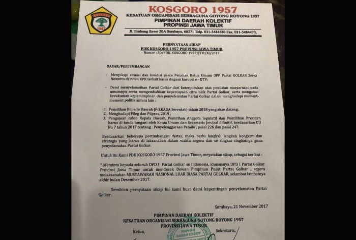 Setnov Ditahan KPK, Kosgoro 1957 Desak Munaslub Golkar