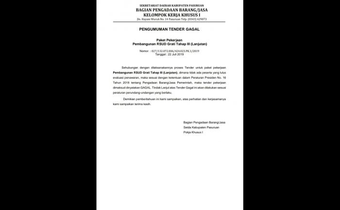 Tender Proyek Puskesmas Grati Gagal, Lujeng: Karena 