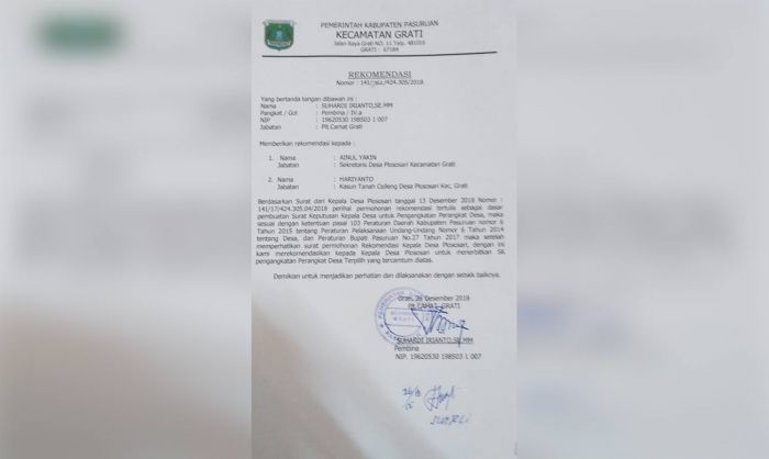 Camat Grati Sudah Terbitkan Rekomendasi, Kades Plososari Tak Kunjung Lantik Perangkat Desa Terpilih Camat Grati Sudah Terbitkan Rekomendasi, Kades Plososari Tak Kunjung Lantik Perangkat Desa Terpilih