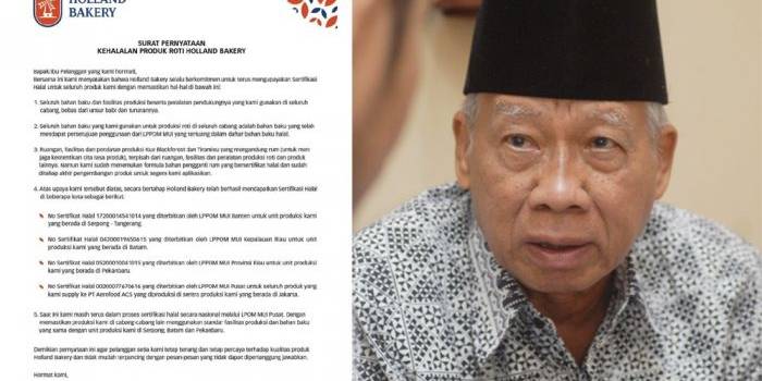 Surat edaran berkop Holland Bakery yang beredar di sejumlah perusahaan pelanggan. Foto kanan, KH Abdusshomad Buchori, Ketua MUI Jatim.