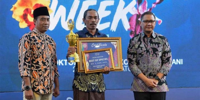 Pj Wali Kota Batu saat memberi penghargaan kepada salah satu pecinta anggrek di Batu Shining Orchid Week 2024.
