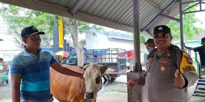 Aparat yang berjaga di pasar hewan kurban Tikung, Lamongan