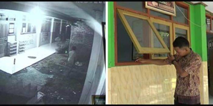 Pelaku tampak terekam kamera pengawas (foto kiri) dan salah satu guru menunjukkan jejak pelaku pada jendela.