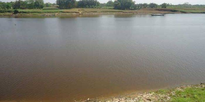 Tampak air di sungai Bengawan Solo yang berubah warna menjadi coklat kehitaman. (foto: eky nurhadi/BANGSAONLINE)