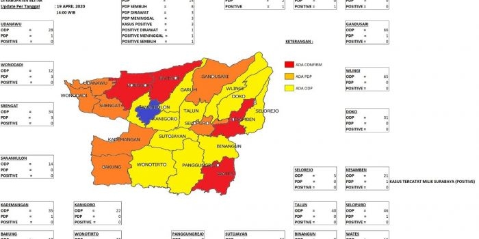 Peta sebaran Covid-19 di Kabupaten Blitar.