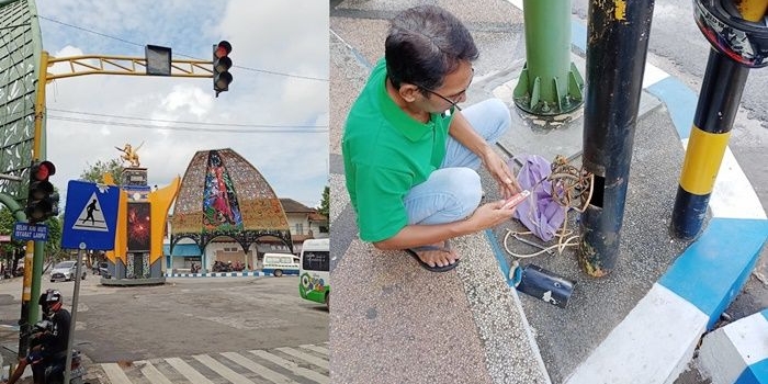 Lampu lalu lintas di simpang empat Kecamatan Kota sedang diperbaiki oleh teknisi Dinas Perhubungan Kabupaten Sumenep.