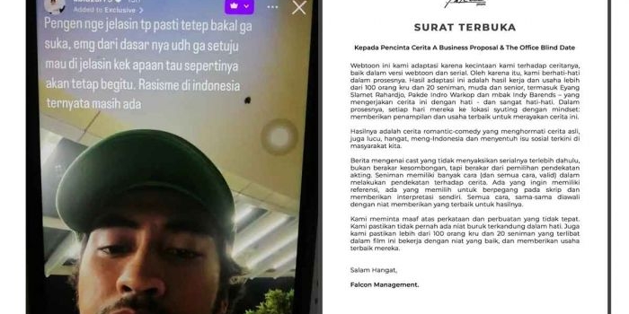 Kolase foto surat terbuka dari Falcon Pictures, serta pernyataan Abidzar Al-Ghifari.