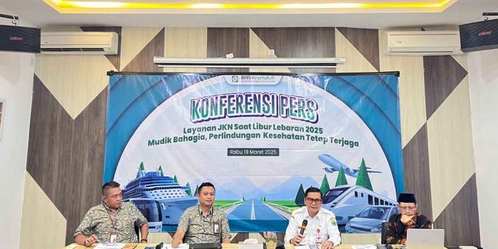 Konferensi pers terkait layanan JKN saat libur Lebaran tahun ini yang digelar BPJS Kesehatan.