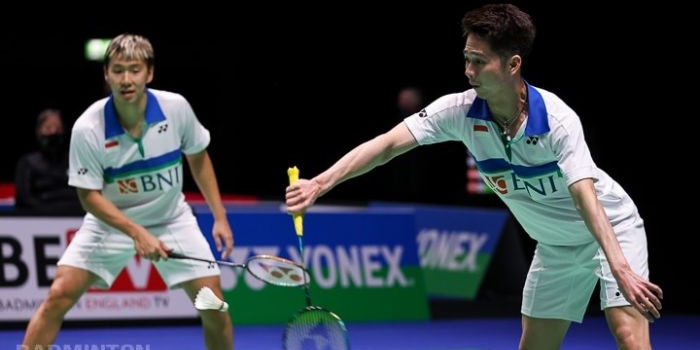 Marcus Fernaldi Gideon/Kevin Sanjaya Sukamuljo ketika berlaga di All England 2021 (Badminton Photo)