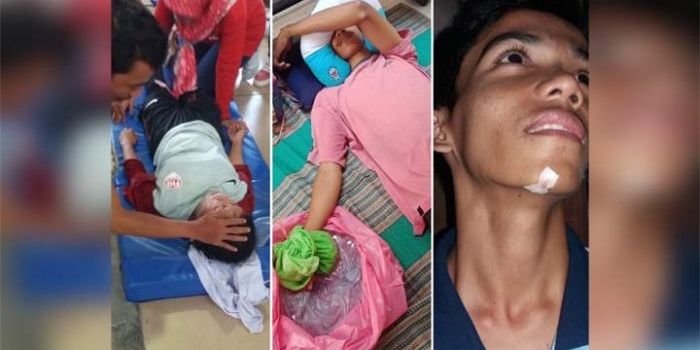 Para atlet yang mengalami cedera. Dari kiri, atlet Hoki Musdalifah, atlet Hoki Imronal Hasani, dan atlet Panjat Tebing Ahmad Syarwani Ihsan.