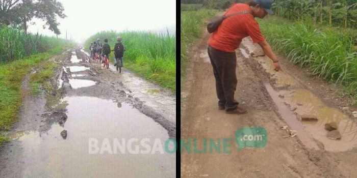 Kondisi jalan penghubung Dusun Mernunglor dengan Dusun Mernungkidul, Desa Sumbernongko, Kecamatan Ngusikan, Kabupaten Jombang yang dibangun dari DD tahun 2015. foto: ROMZA/ BANGSAONLINE