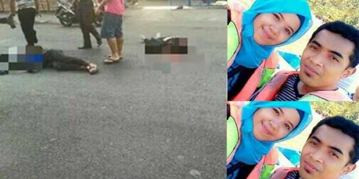 Pasutri yang terkapar di tengah jalan, dan foto Pasutri semasa hidup (kanan). foto: feri/BANGSAONLINE